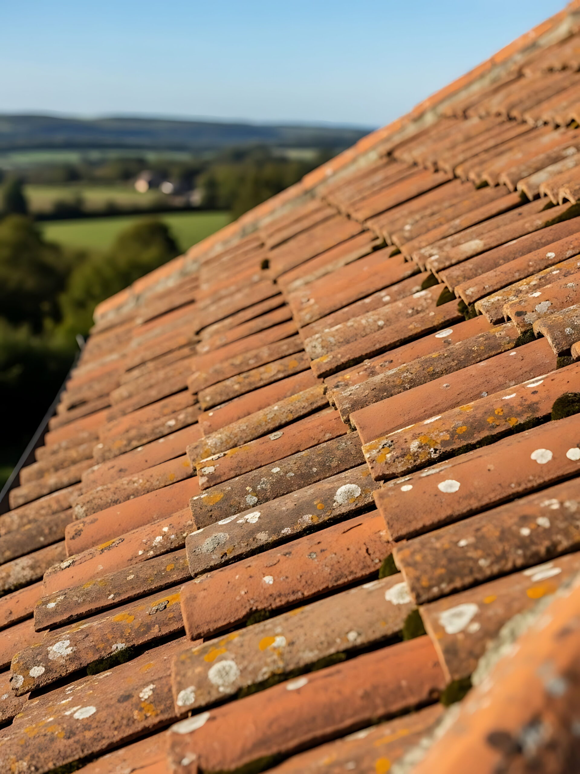 Weathered clay tile roof with pastoral backdrop under a bright blue sky