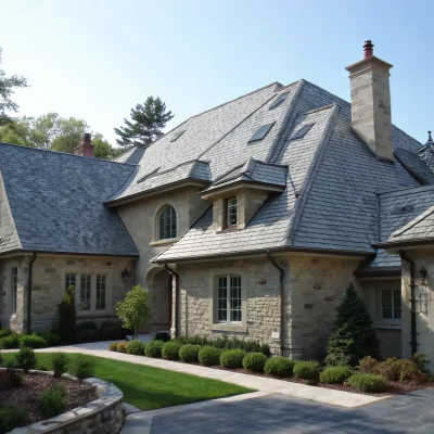 A close-up of a slate roof on a residential building, highlighting the natural texture and elegant appearance of the slate tiles. The image should convey sophistication and longevity.