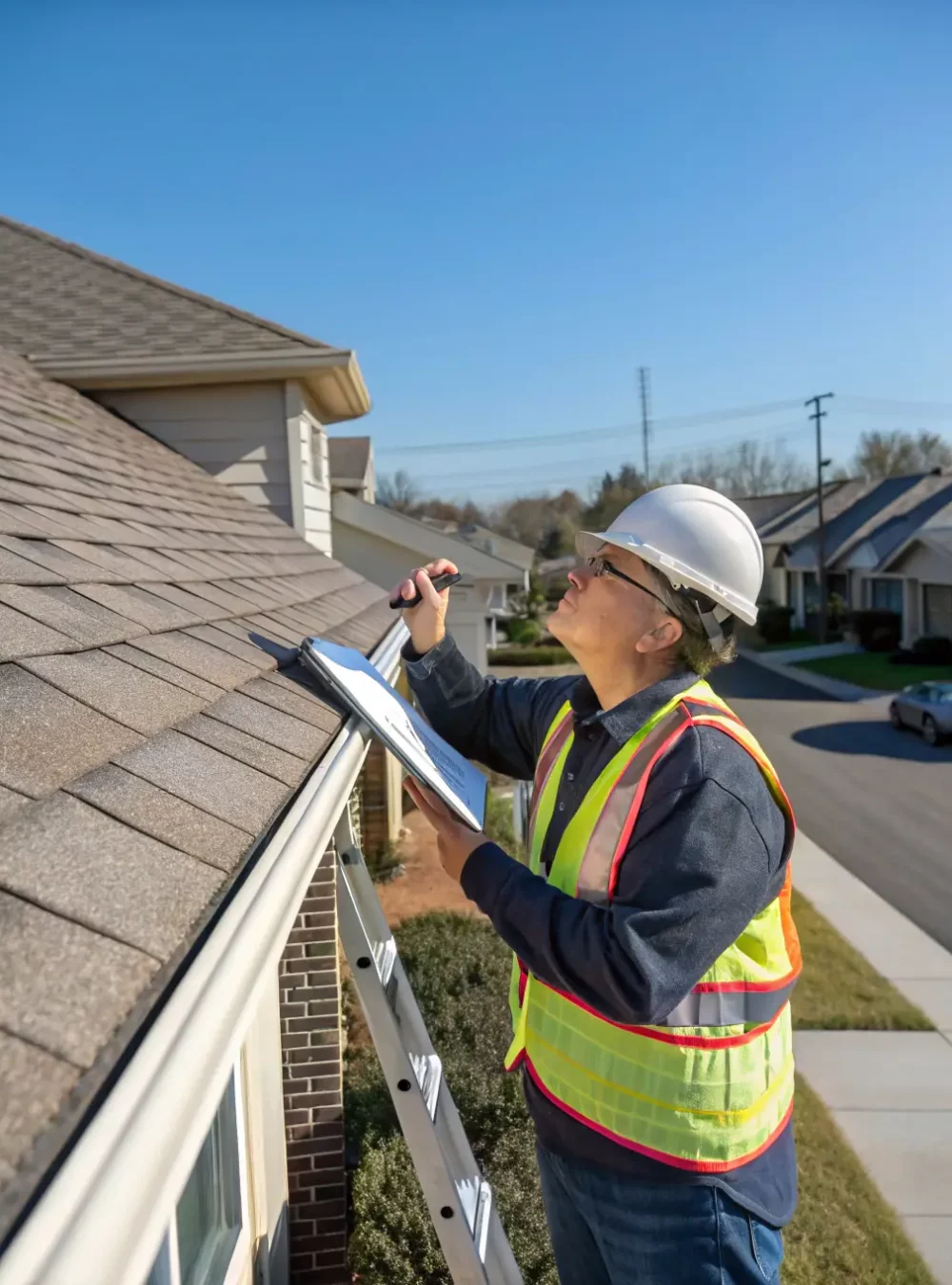A completed roofing project with a final inspection being conducted to ensure quality and adherence to standards.