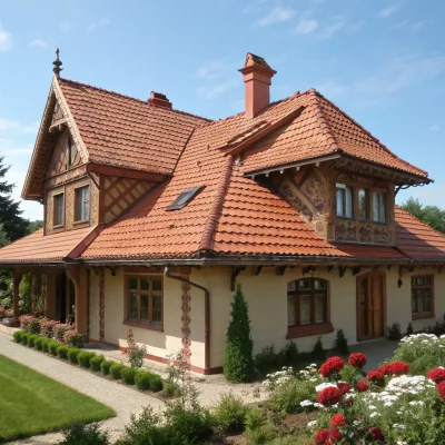 A residential house with a vibrant tile roof, showcasing the unique character and Mediterranean-inspired design. The image should convey beauty and weather resistance.
